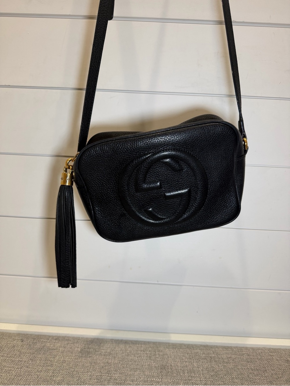 Gucci Black Pebbled Leather Disco Crossbody with Tassel